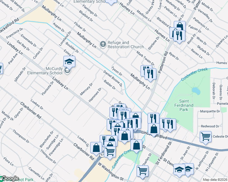 map of restaurants, bars, coffee shops, grocery stores, and more near 735 Babler Drive in Florissant