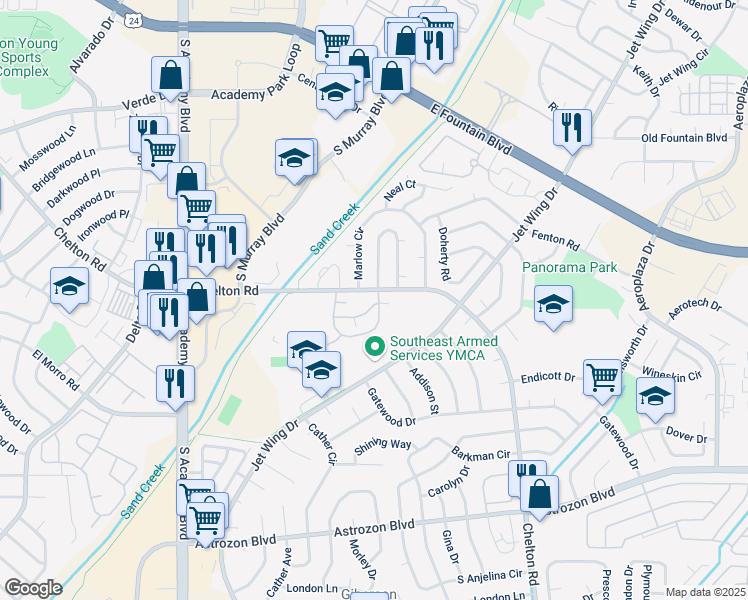 map of restaurants, bars, coffee shops, grocery stores, and more near 4384 Hawks Lookout Lane in Colorado Springs