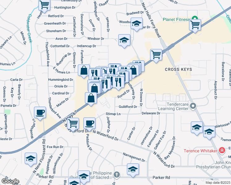 map of restaurants, bars, coffee shops, grocery stores, and more near 2536 North Highway 67 in Florissant