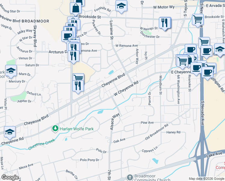 map of restaurants, bars, coffee shops, grocery stores, and more near 1812 Fenmoor Place in Colorado Springs
