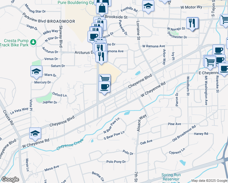 map of restaurants, bars, coffee shops, grocery stores, and more near 600 Cheyenne Boulevard in Colorado Springs