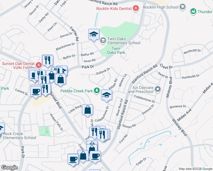 map of restaurants, bars, coffee shops, grocery stores, and more near 5629 Glen Oaks Drive in Rocklin