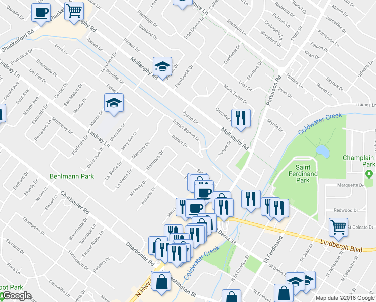 map of restaurants, bars, coffee shops, grocery stores, and more near 735 Babler Drive in Florissant
