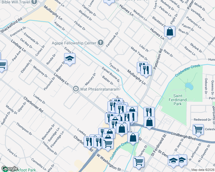 map of restaurants, bars, coffee shops, grocery stores, and more near 18 Hammes Drive in Florissant