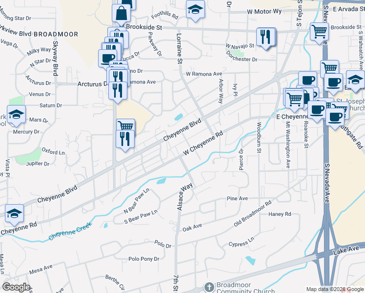 map of restaurants, bars, coffee shops, grocery stores, and more near 1812 Fenmoor Place in Colorado Springs