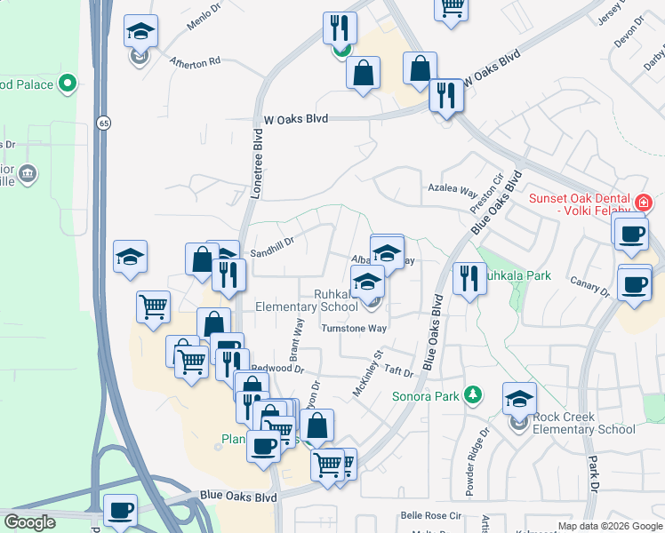 map of restaurants, bars, coffee shops, grocery stores, and more near 6201 Goldeneye Court in Rocklin