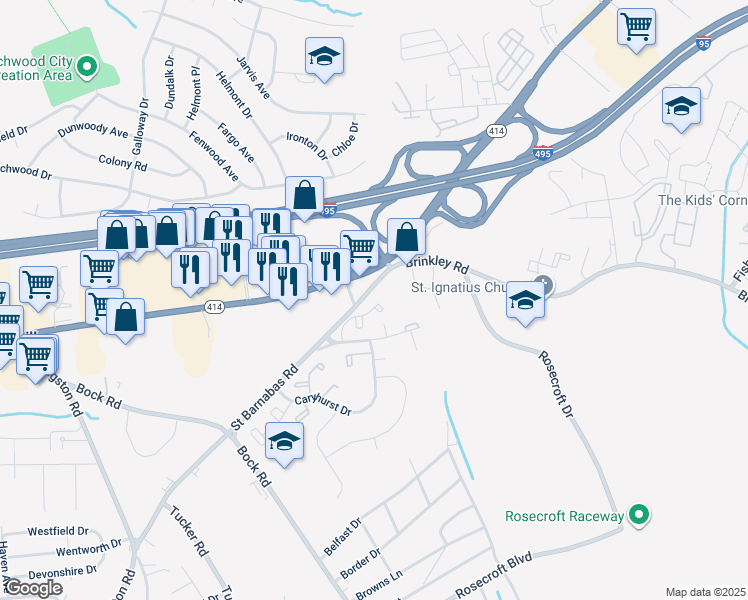 map of restaurants, bars, coffee shops, grocery stores, and more near 6113 Brandyhall Court in Fort Washington