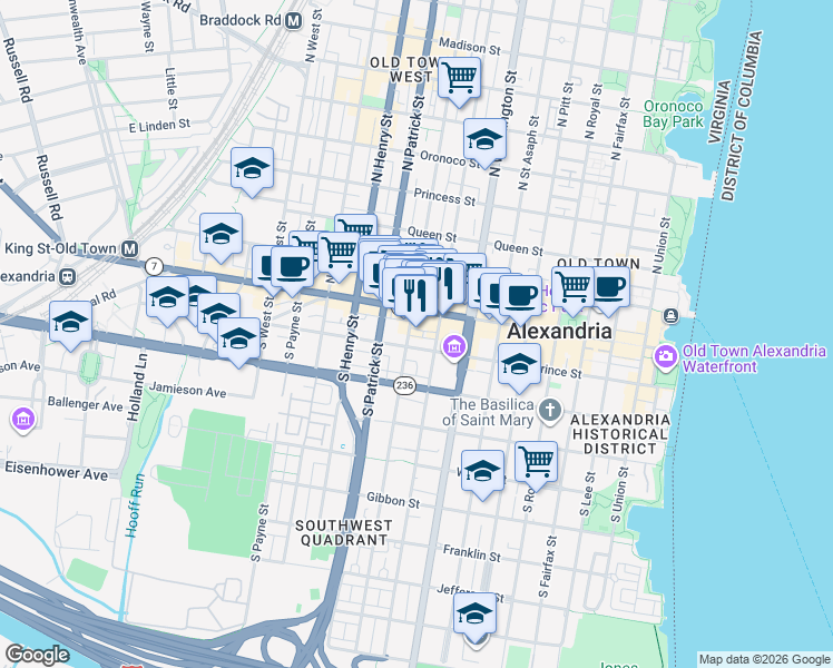 map of restaurants, bars, coffee shops, grocery stores, and more near 116 South Alfred Street in Alexandria