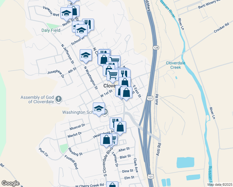 map of restaurants, bars, coffee shops, grocery stores, and more near in Cloverdale