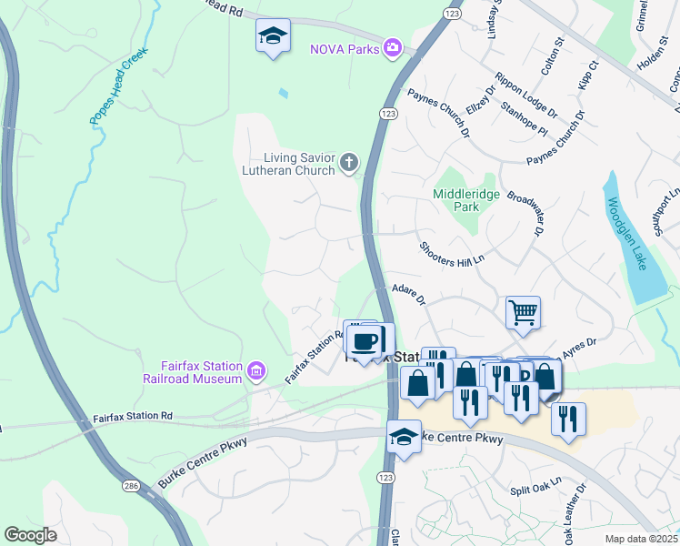 map of restaurants, bars, coffee shops, grocery stores, and more near 11150 Rokeby Lane in Fairfax Station