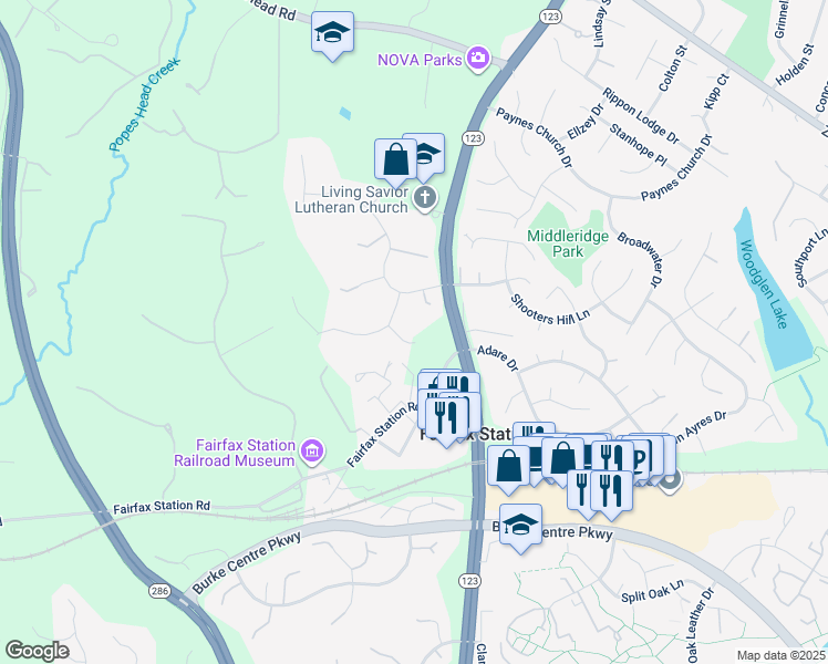 map of restaurants, bars, coffee shops, grocery stores, and more near 11150 Rokeby Lane in Fairfax Station