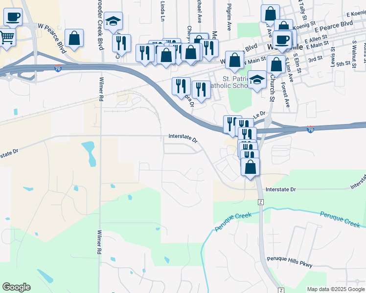 map of restaurants, bars, coffee shops, grocery stores, and more near 130 Cimarron Summit Way in Wentzville