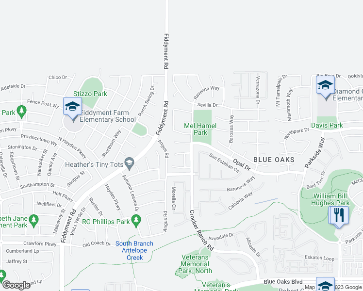map of restaurants, bars, coffee shops, grocery stores, and more near 333 Bayonne Court in Roseville