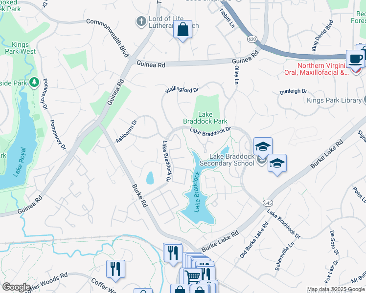 map of restaurants, bars, coffee shops, grocery stores, and more near 5432 Lighthouse Ln in Burke