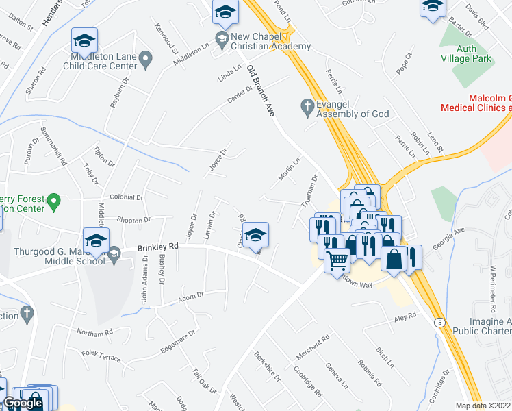 map of restaurants, bars, coffee shops, grocery stores, and more near 5410 Brinkley Road in Temple Hills