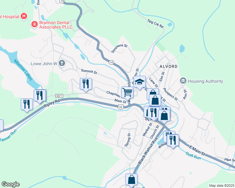 map of restaurants, bars, coffee shops, grocery stores, and more near 104 Summit Street in Spencer