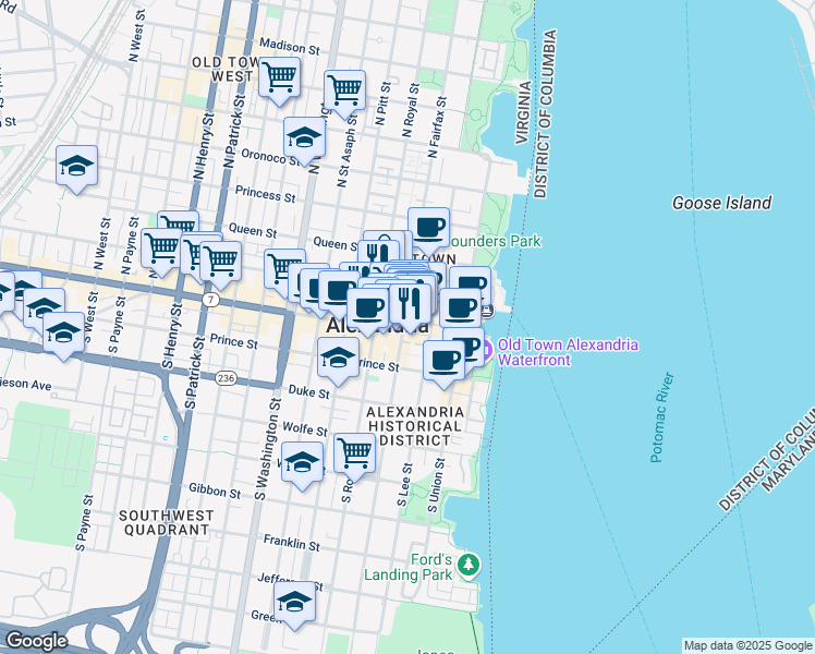 map of restaurants, bars, coffee shops, grocery stores, and more near 221 King Street in Alexandria