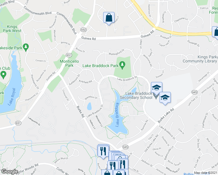 map of restaurants, bars, coffee shops, grocery stores, and more near 5432 Lighthouse Ln in Burke