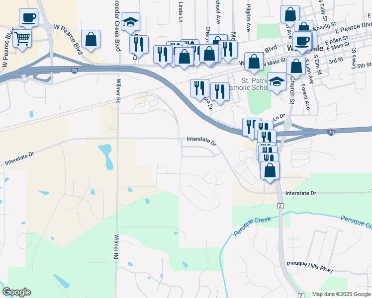 map of restaurants, bars, coffee shops, grocery stores, and more near 102 Cimarron Summit Way in Wentzville