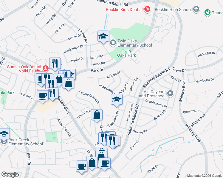 map of restaurants, bars, coffee shops, grocery stores, and more near 5629 Glen Oaks Drive in Rocklin