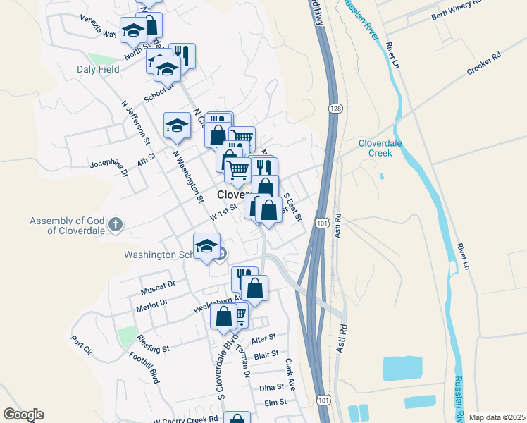map of restaurants, bars, coffee shops, grocery stores, and more near in Cloverdale
