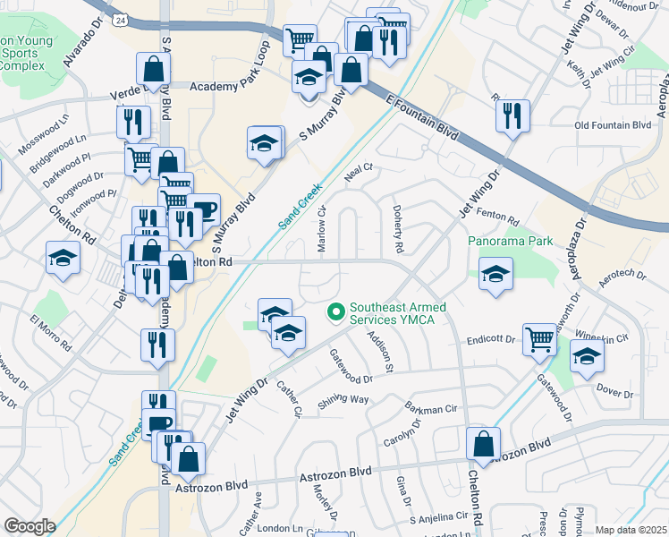 map of restaurants, bars, coffee shops, grocery stores, and more near 4396 Hawks Lookout Lane in Colorado Springs