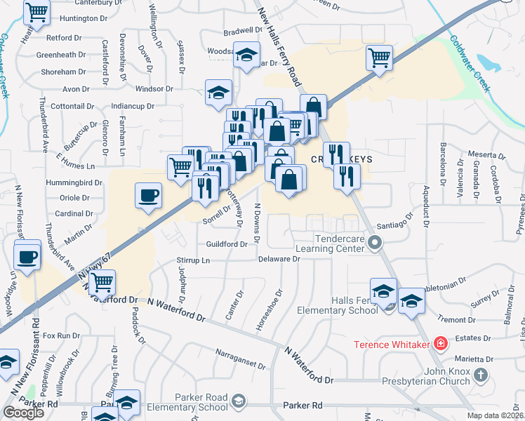 map of restaurants, bars, coffee shops, grocery stores, and more near 13931 New Halls Ferry Road in Florissant