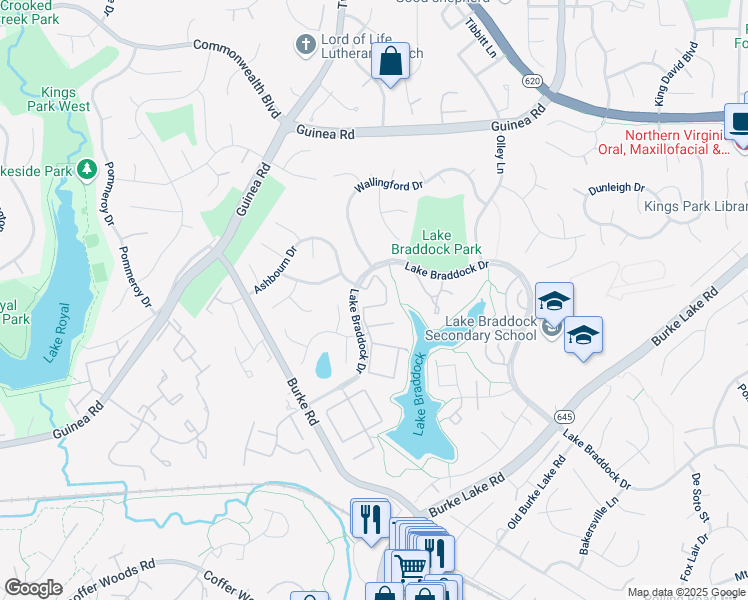 map of restaurants, bars, coffee shops, grocery stores, and more near 5457 Lighthouse Lane in Burke