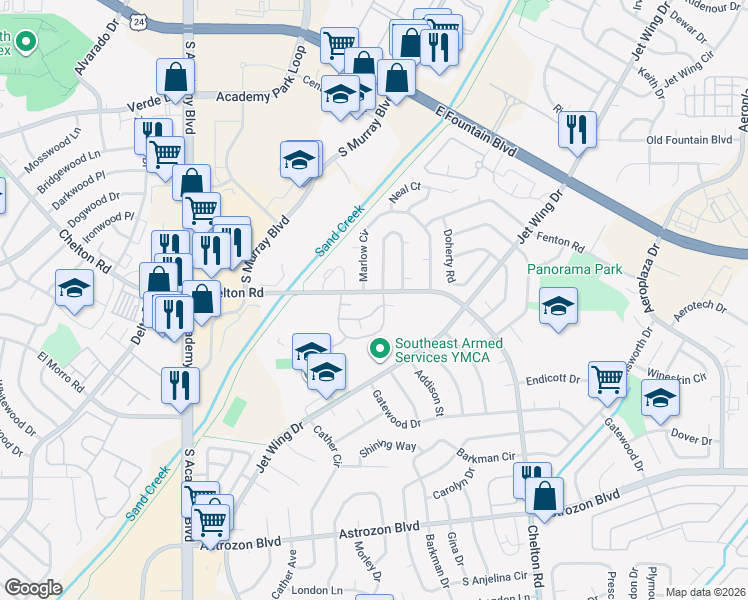 map of restaurants, bars, coffee shops, grocery stores, and more near 4394 South Chelton Road in Colorado Springs