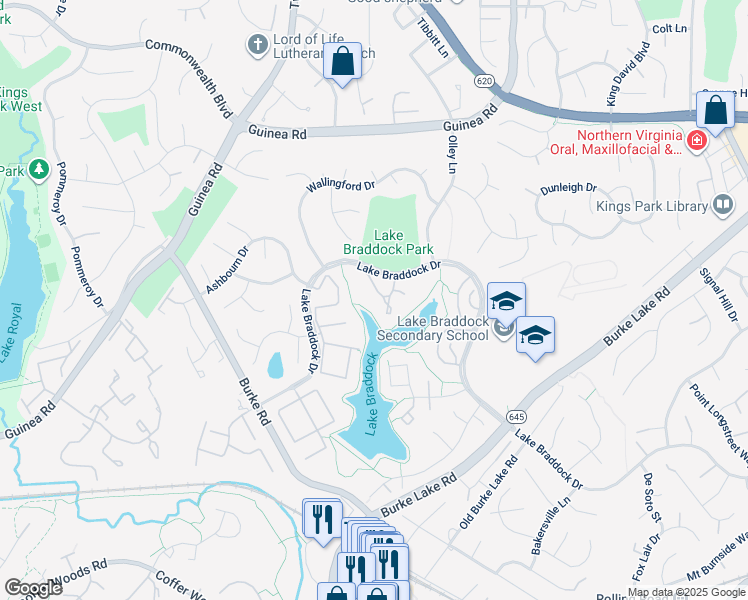 map of restaurants, bars, coffee shops, grocery stores, and more near 9403 Ulysses Court in Burke