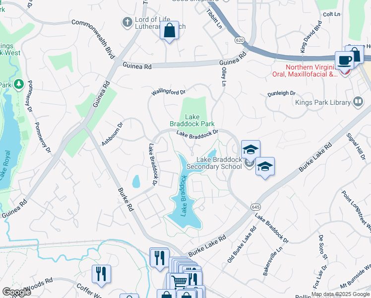 map of restaurants, bars, coffee shops, grocery stores, and more near 9403 Ulysses Court in Burke