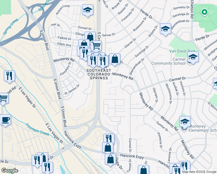 map of restaurants, bars, coffee shops, grocery stores, and more near 1946 Copper Creek Drive in Colorado Springs