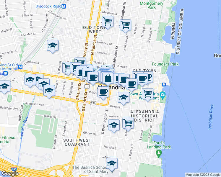 map of restaurants, bars, coffee shops, grocery stores, and more near 108 South Washington Street in Alexandria