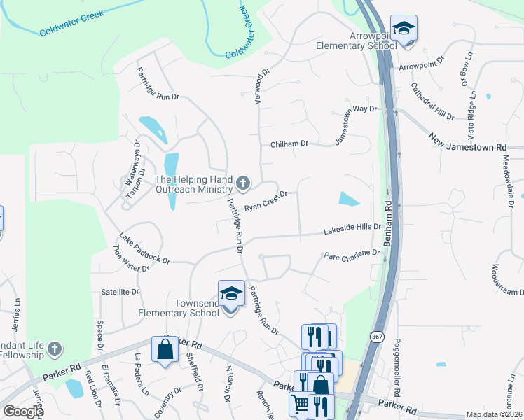 map of restaurants, bars, coffee shops, grocery stores, and more near 6750 Ryan Crest Drive in Florissant