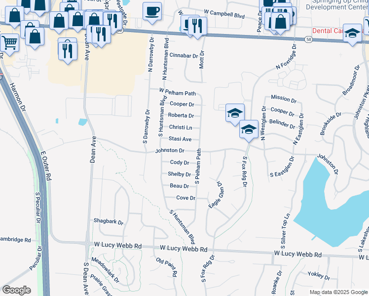 map of restaurants, bars, coffee shops, grocery stores, and more near 1608 Johnston Drive in Raymore