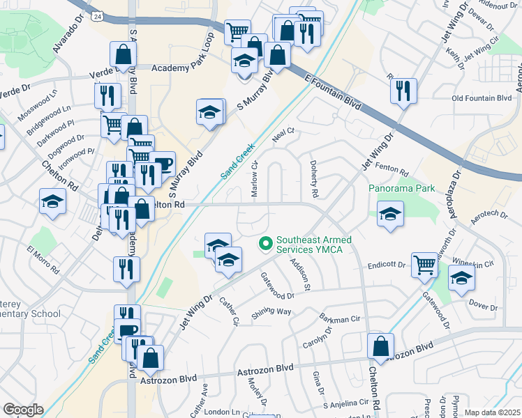 map of restaurants, bars, coffee shops, grocery stores, and more near 4394 South Chelton Road in Colorado Springs