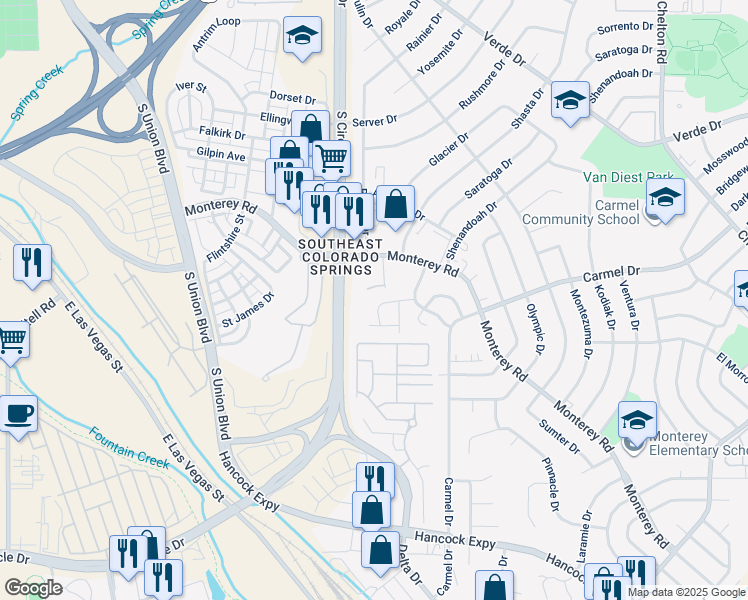 map of restaurants, bars, coffee shops, grocery stores, and more near 1946 Copper Creek Drive in Colorado Springs