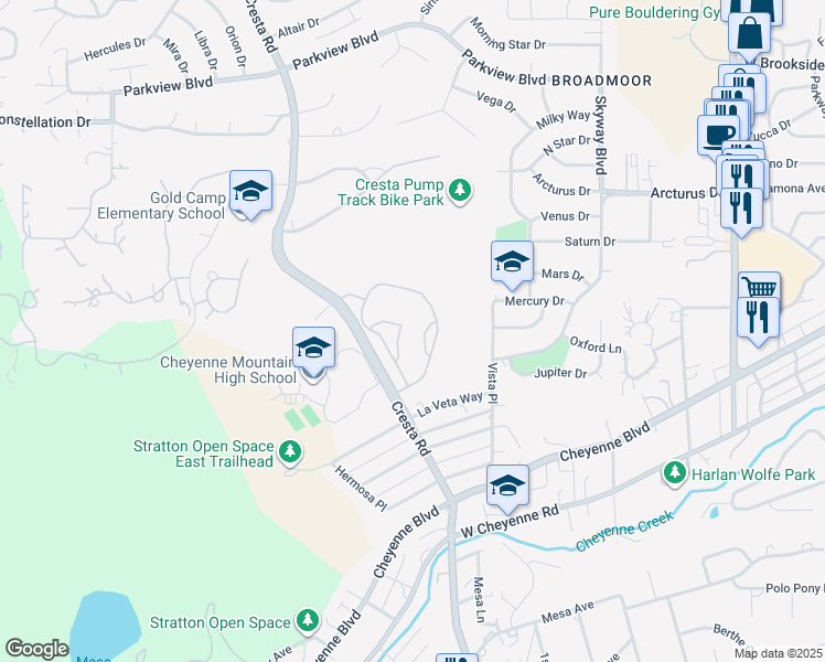 map of restaurants, bars, coffee shops, grocery stores, and more near 1820 Scholar Point in Colorado Springs