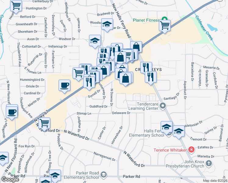 map of restaurants, bars, coffee shops, grocery stores, and more near 13931 New Halls Ferry Road in Florissant