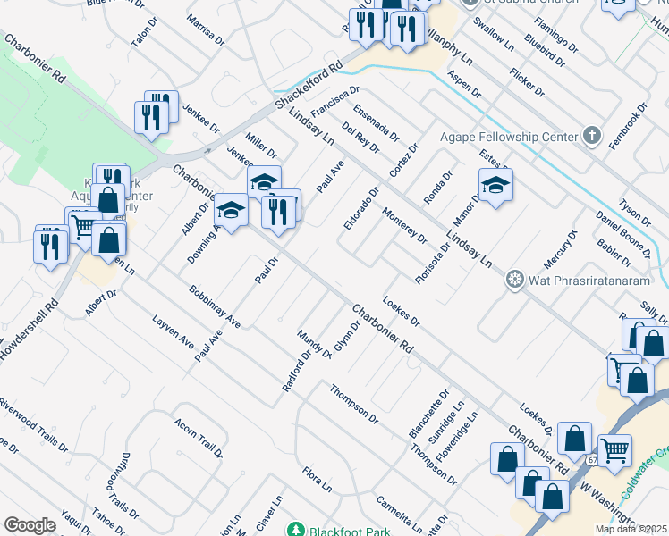 map of restaurants, bars, coffee shops, grocery stores, and more near 1575 Charbonier Road in Florissant