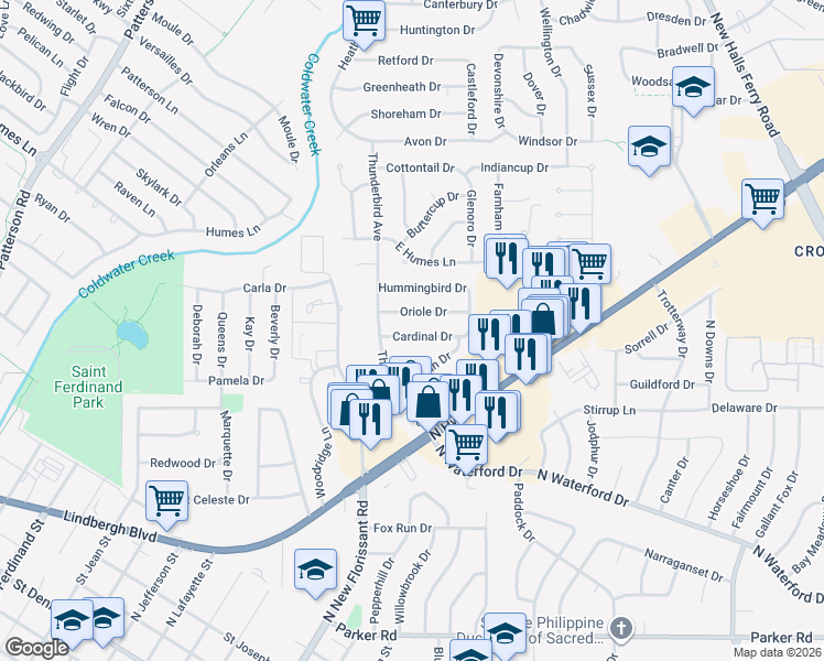 map of restaurants, bars, coffee shops, grocery stores, and more near 2215 Cardinal Drive in Florissant