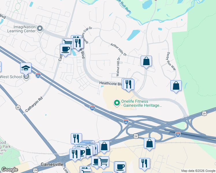map of restaurants, bars, coffee shops, grocery stores, and more near 7605 Heritage Village Plaza in Gainesville