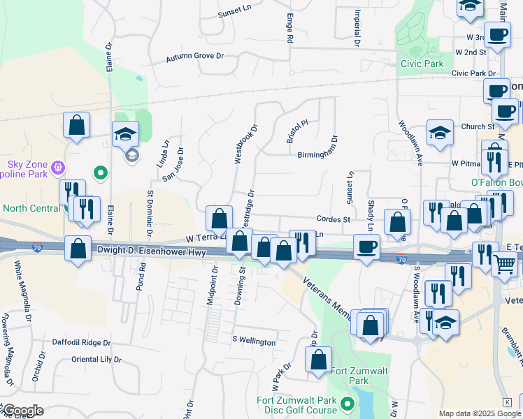 map of restaurants, bars, coffee shops, grocery stores, and more near 736 Montbrook Drive in O'Fallon