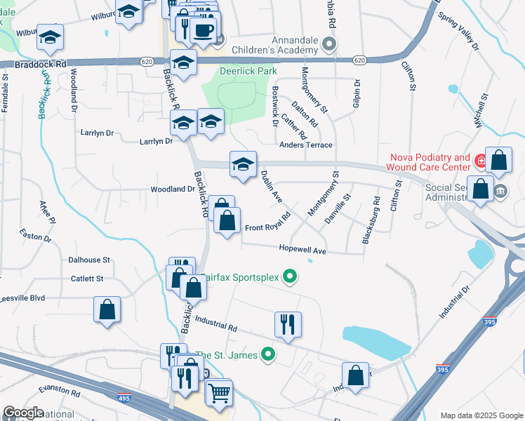 map of restaurants, bars, coffee shops, grocery stores, and more near 6806 Galax Court in Springfield