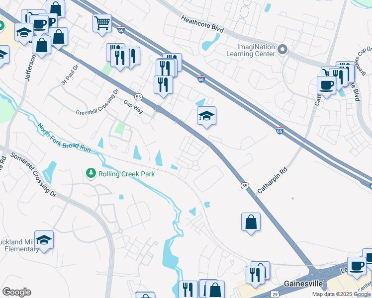 map of restaurants, bars, coffee shops, grocery stores, and more near 7041 Little Thames Drive in Gainesville