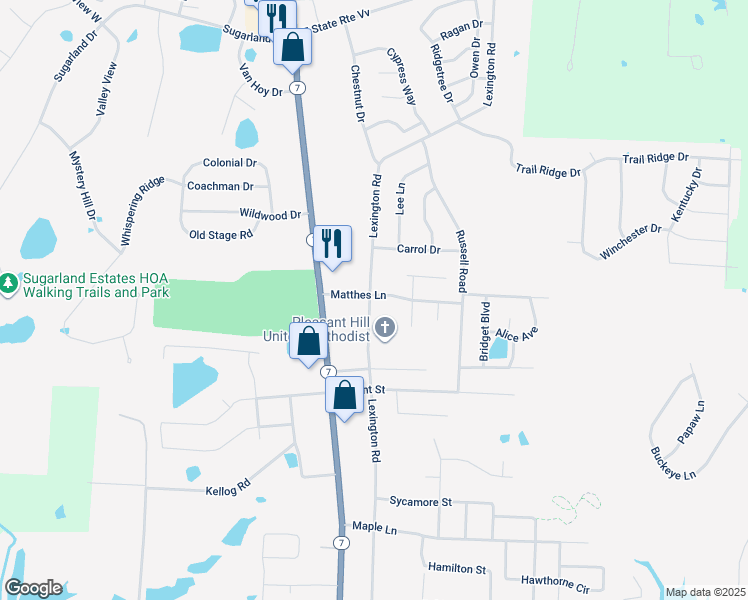 map of restaurants, bars, coffee shops, grocery stores, and more near 1200 Matthes Lane in Pleasant Hill