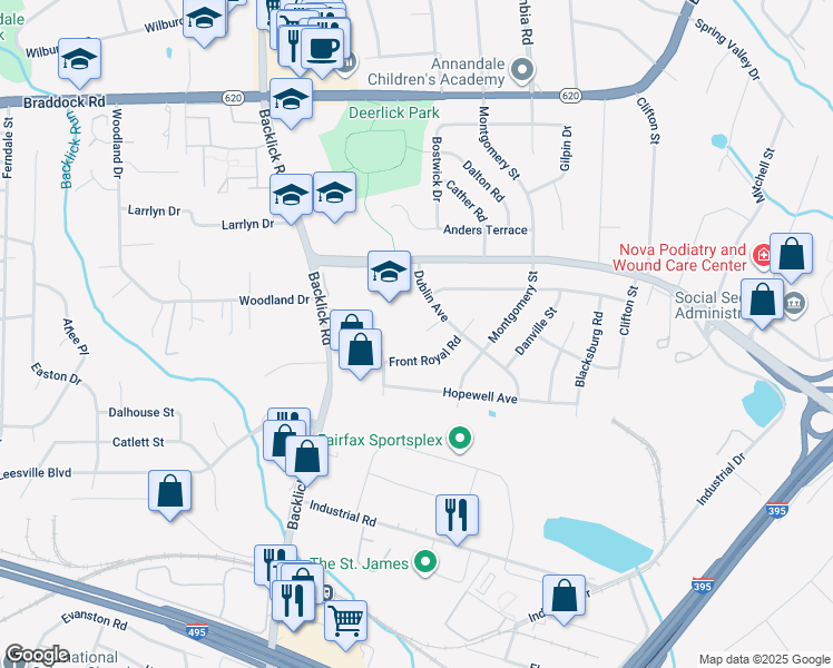 map of restaurants, bars, coffee shops, grocery stores, and more near 6806 Galax Court in Springfield