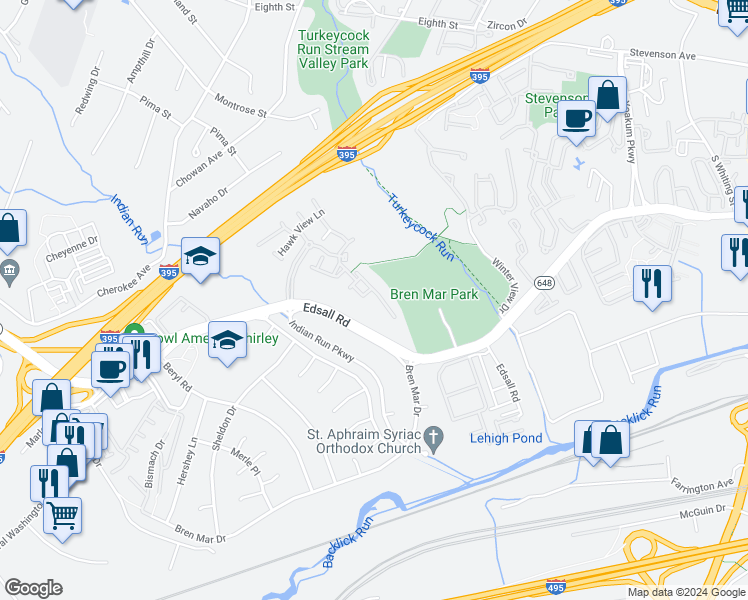 map of restaurants, bars, coffee shops, grocery stores, and more near 5432 Summer Leaf Lane in Alexandria