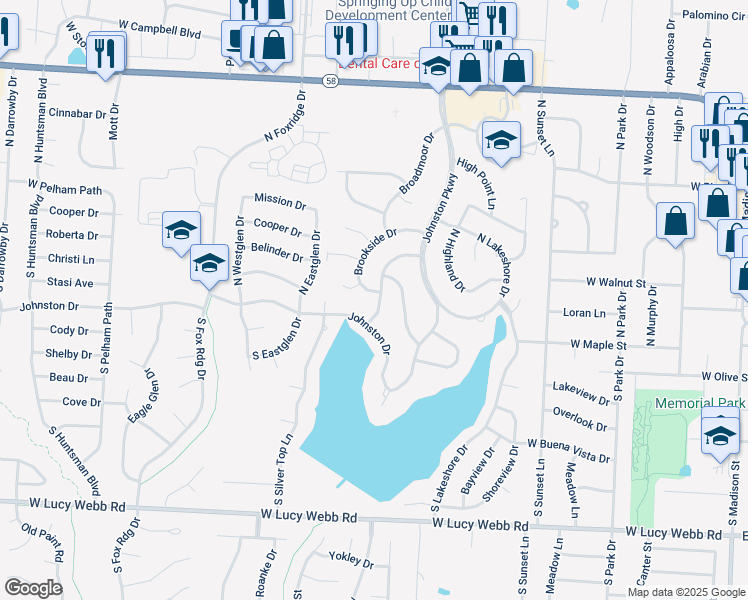 map of restaurants, bars, coffee shops, grocery stores, and more near 1028 Brookside Drive in Raymore