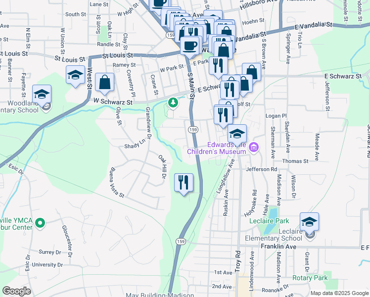map of restaurants, bars, coffee shops, grocery stores, and more near 425 Quince Street in Edwardsville